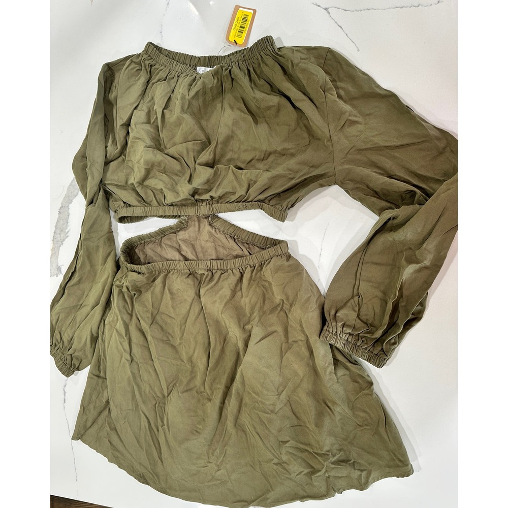 Vestique Olivia Dress Olive Green Cutout Waist‎ Long Sleeve Mini Dress M